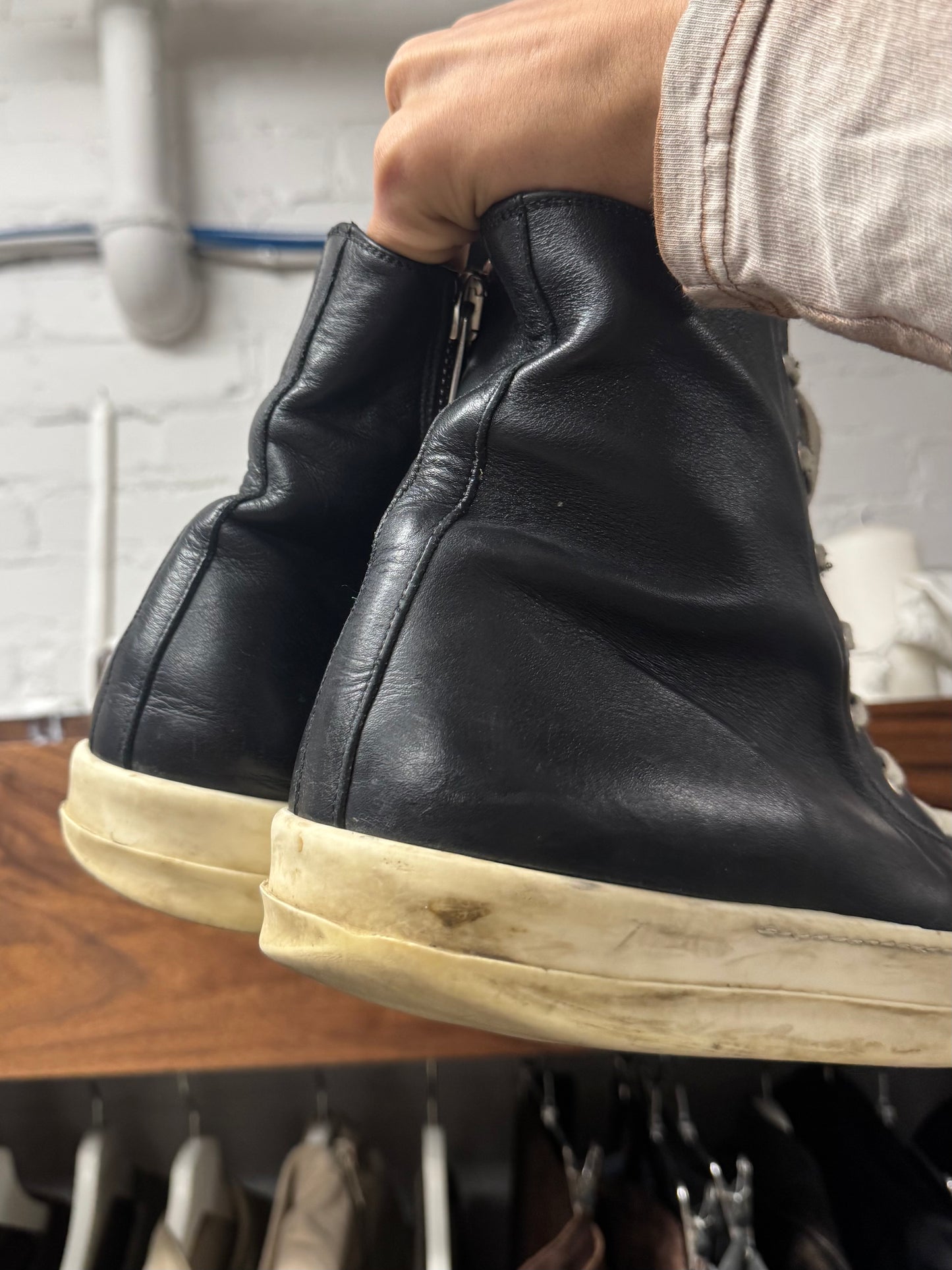 Rick Owens Black Leather ‘Ramones’ High Top Sneakers