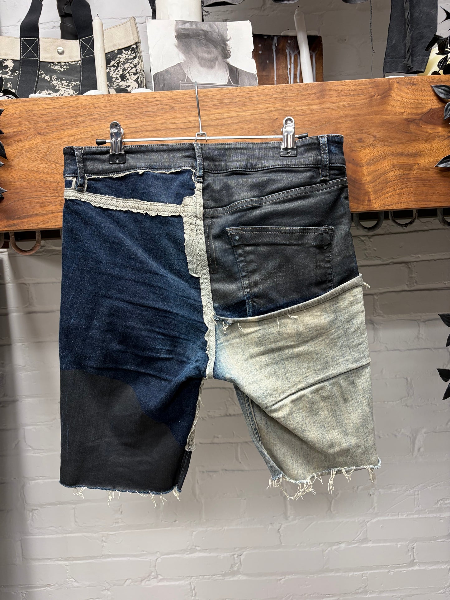 SS2019 Rick Owens ‘Babel’ Reconstructed Black Wax Cutoff Denim Shorts