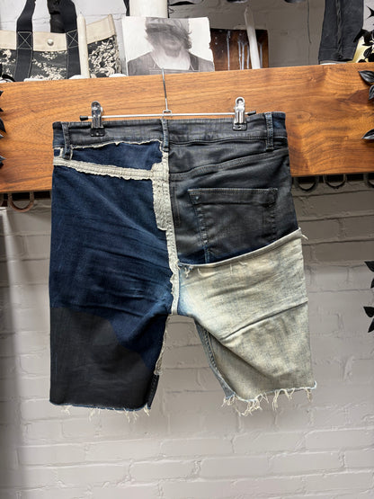 SS2019 Rick Owens ‘Babel’ Reconstructed Black Wax Cutoff Denim Shorts