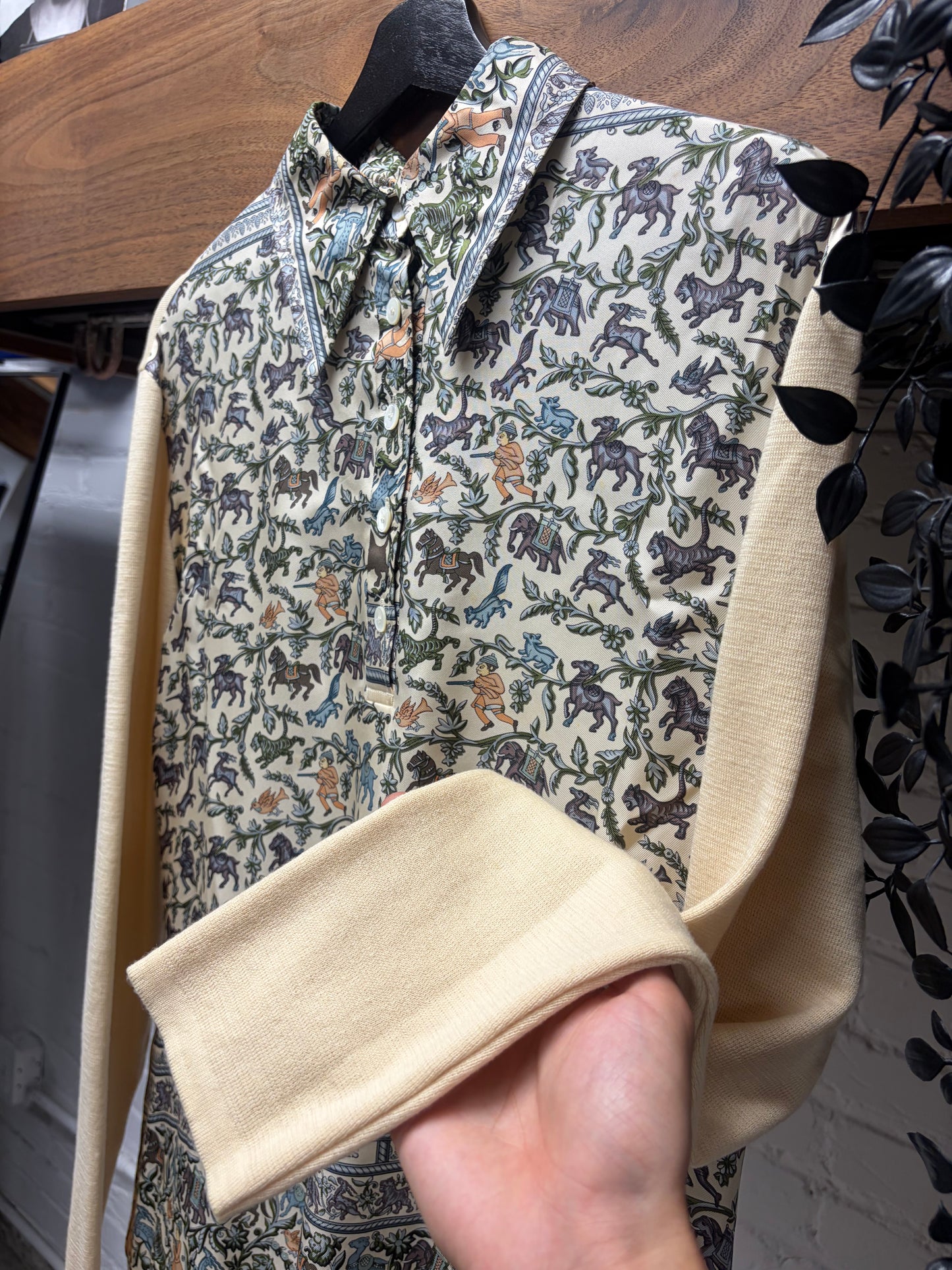 Vintage Hermes by Martin Margiela ‘"Chasse en Inde" Silk/Wool Knit 1/4 Button Up Shirt