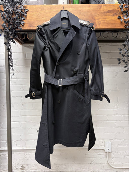 AW2014 Undercover Studded Shoulder Epaulette ‘Dual Fabric’ Asymmetric Black Wrapper Trench Coat