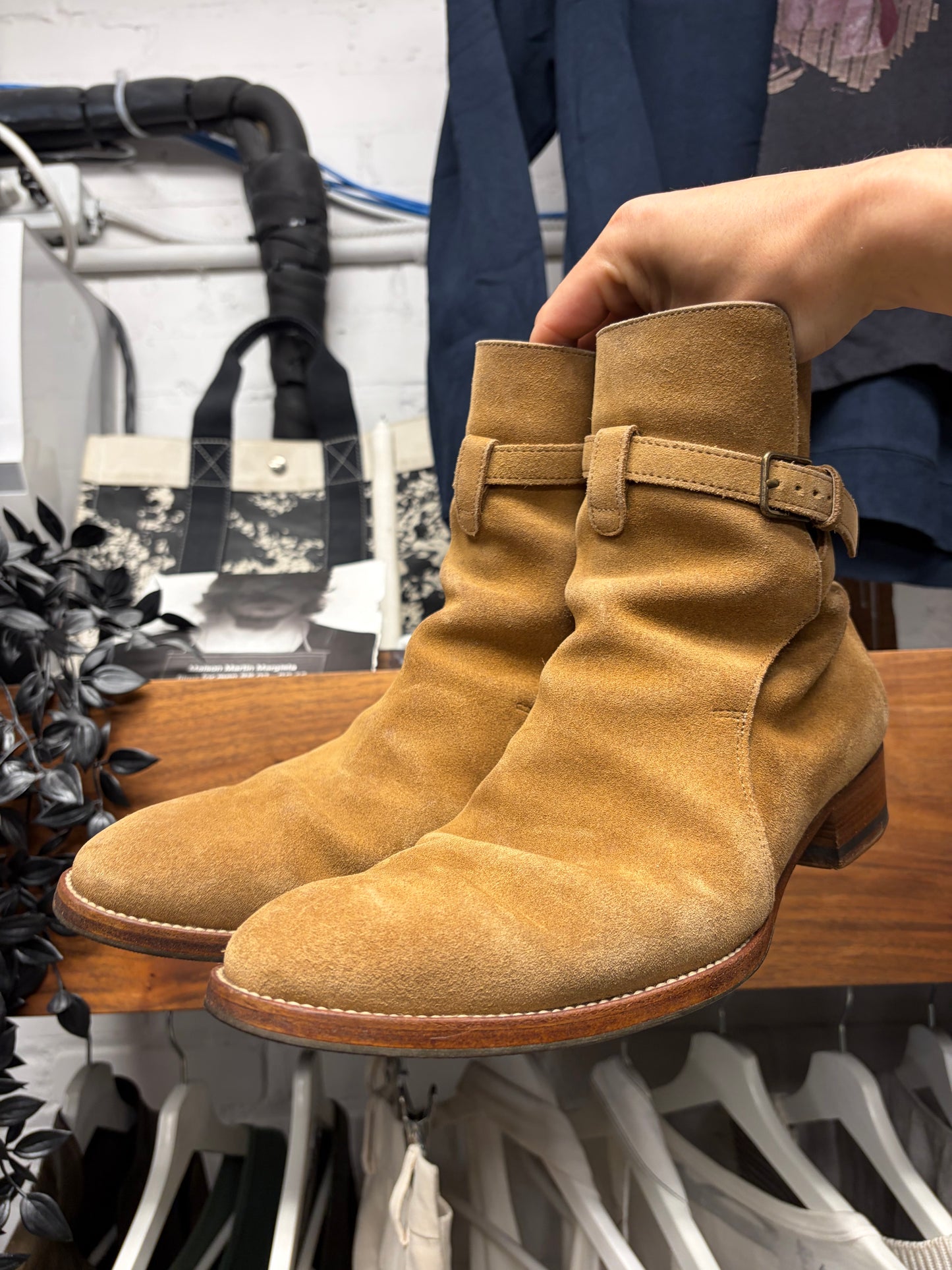 Saint Laurent ‘Jodhpur’ Brown Suede Harness Pointed Toe Ankle Boots