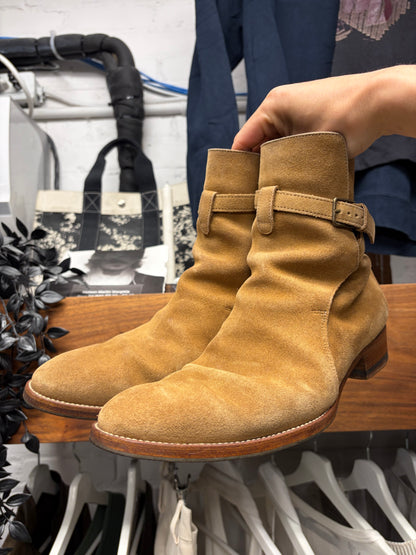 Saint Laurent ‘Jodhpur’ Brown Suede Harness Pointed Toe Ankle Boots