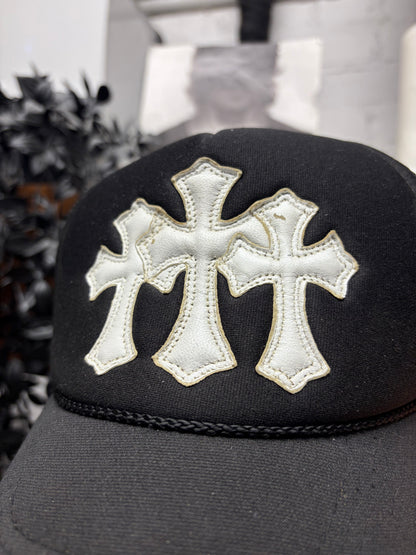 Vintage 90s Chrome Hearts Black/White Leather ‘Cemetery’ Cross Patch Trucker Hat