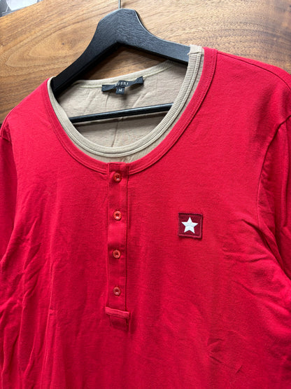 2008 Gucci ‘Star Patch’ Double Layered Brown/Red Cotton Henley Long Sleeve Shirt