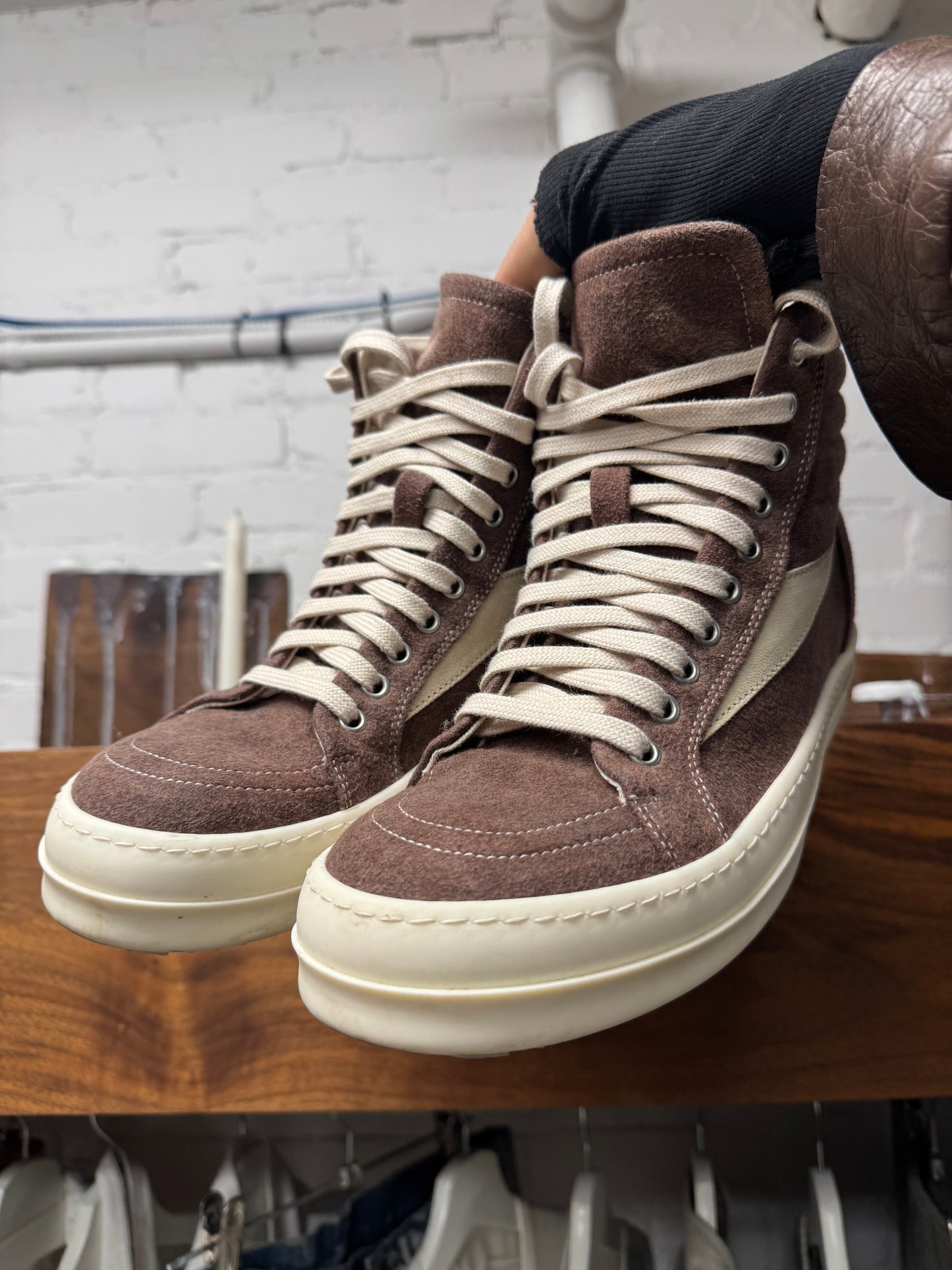 AW2024 Rick Owens ‘Porterville’ Dust Brown Suede ‘Vans’ High Top Sneakers