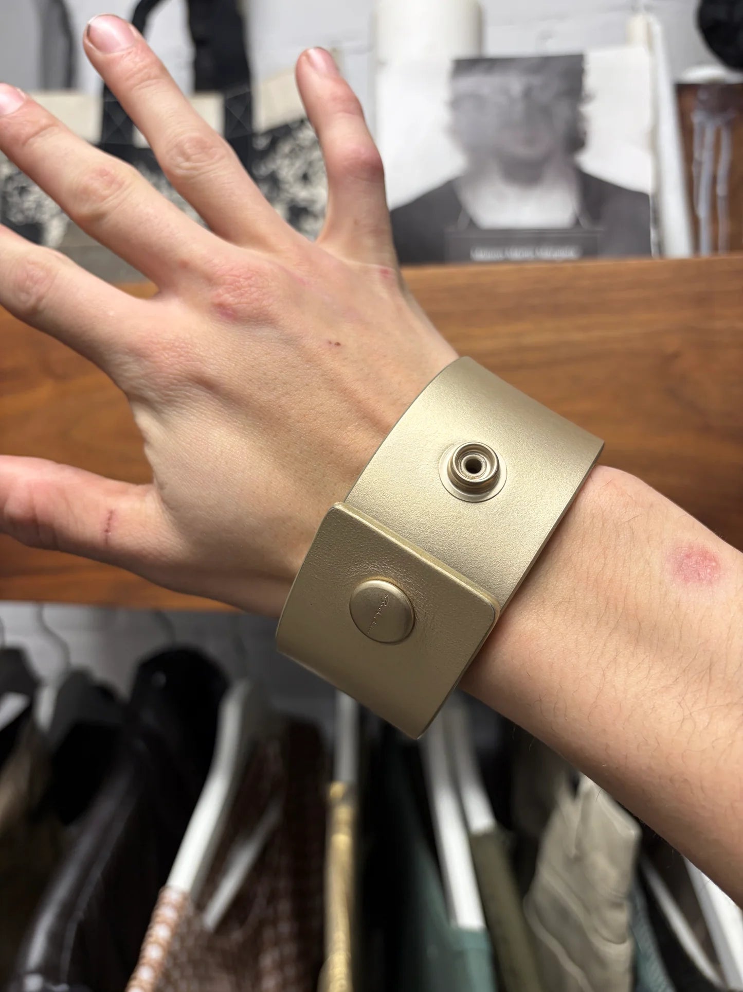 SS2025 Rick Owens ‘Hollywood’ Anthem Gold Leather Cuff Bracelet