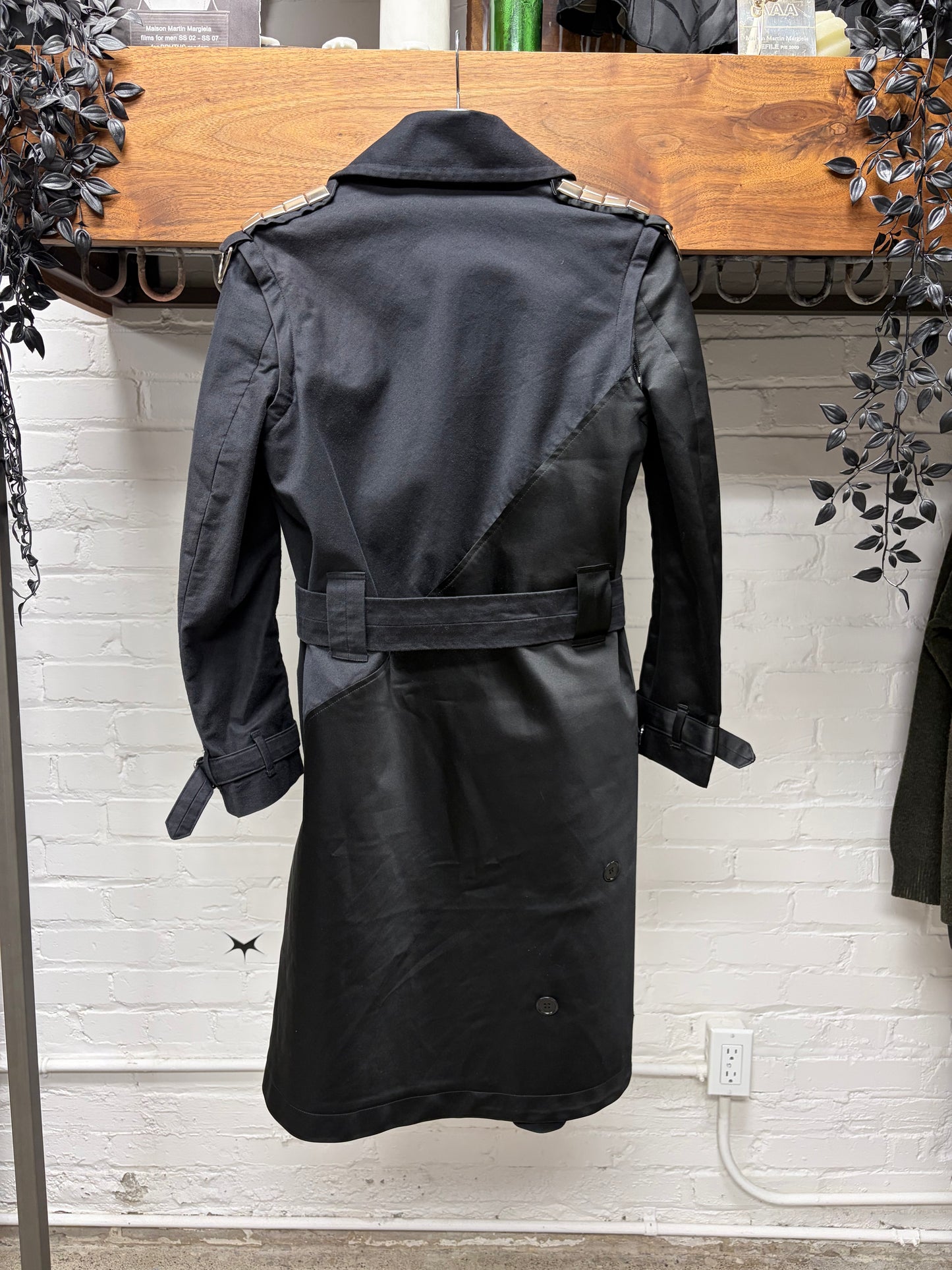 AW2014 Undercover Studded Shoulder Epaulette ‘Dual Fabric’ Asymmetric Black Wrapper Trench Coat