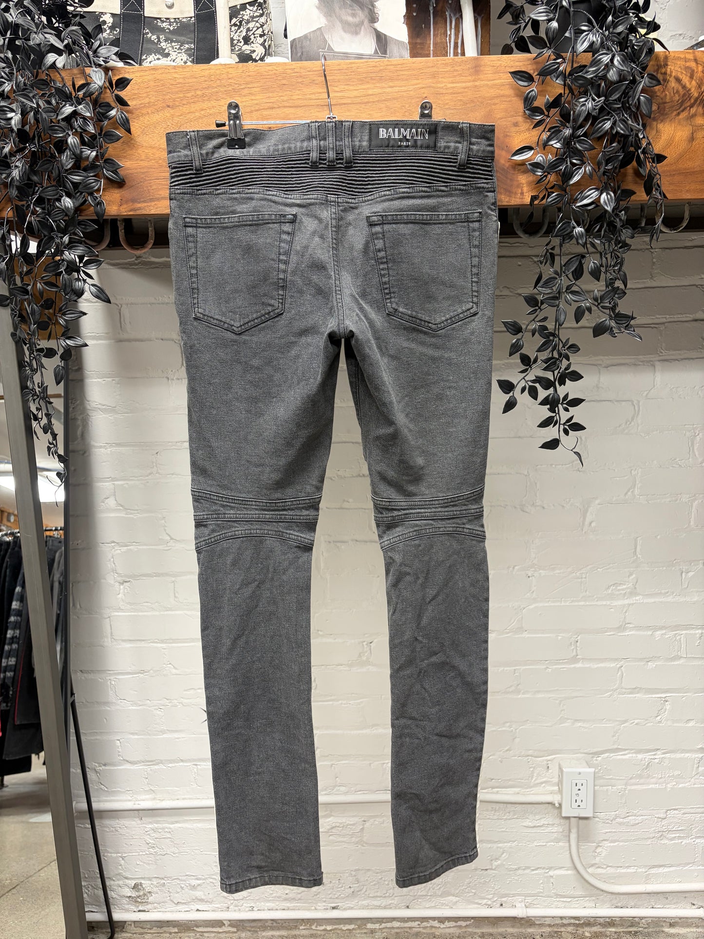 Balmain Dirty Black Biker Knee Skinny Jeans