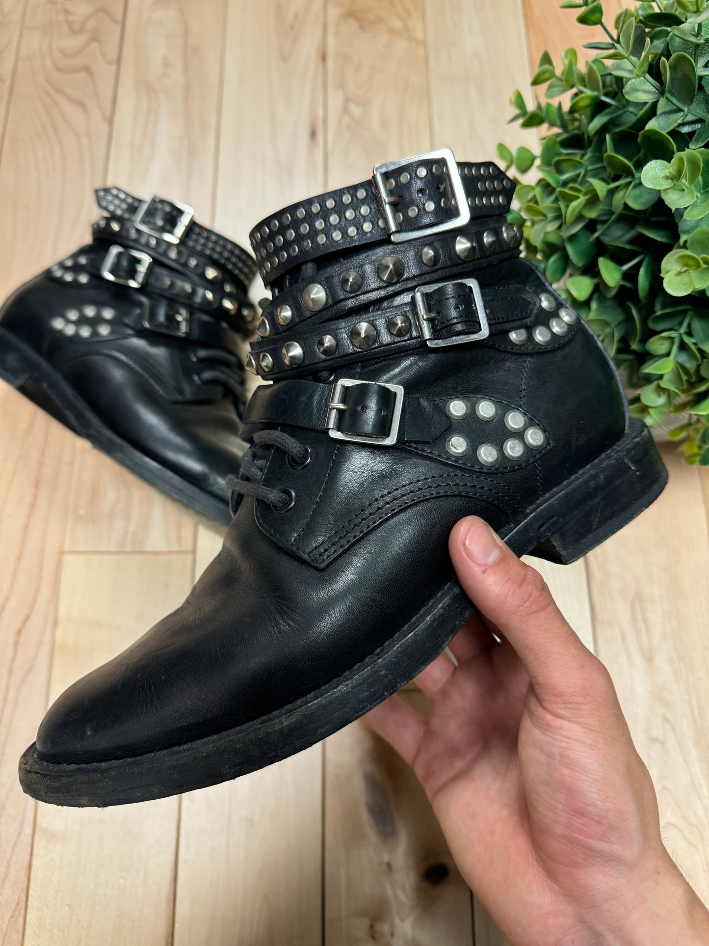 Saint Laurent Ranger Studded Black Leather Combat Ankle Boots