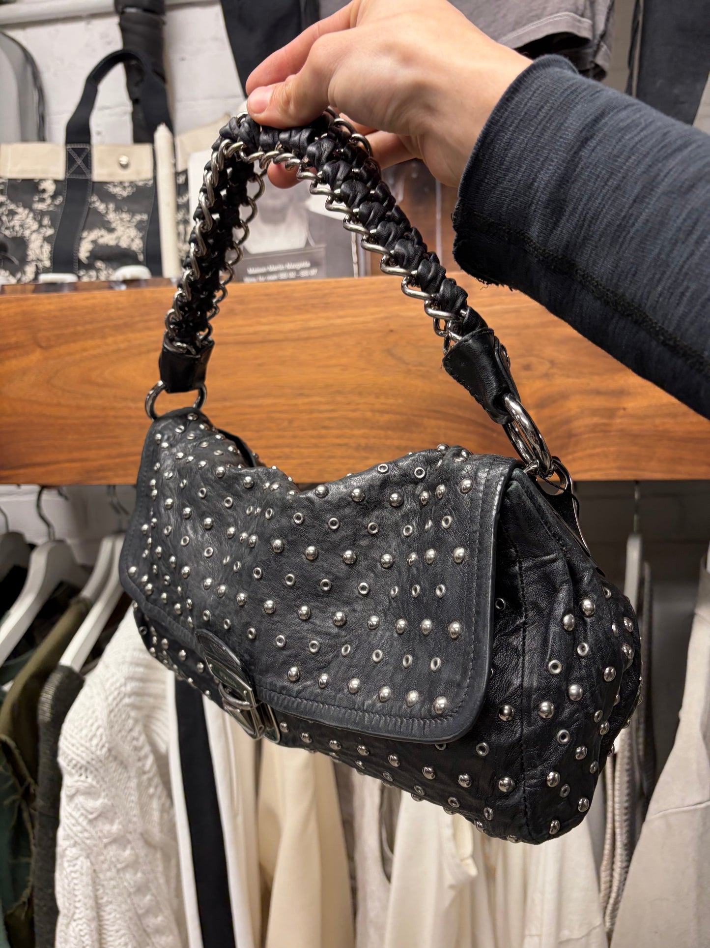 Prada Silver Hardware Studded Black Lambskin Leather Handbag