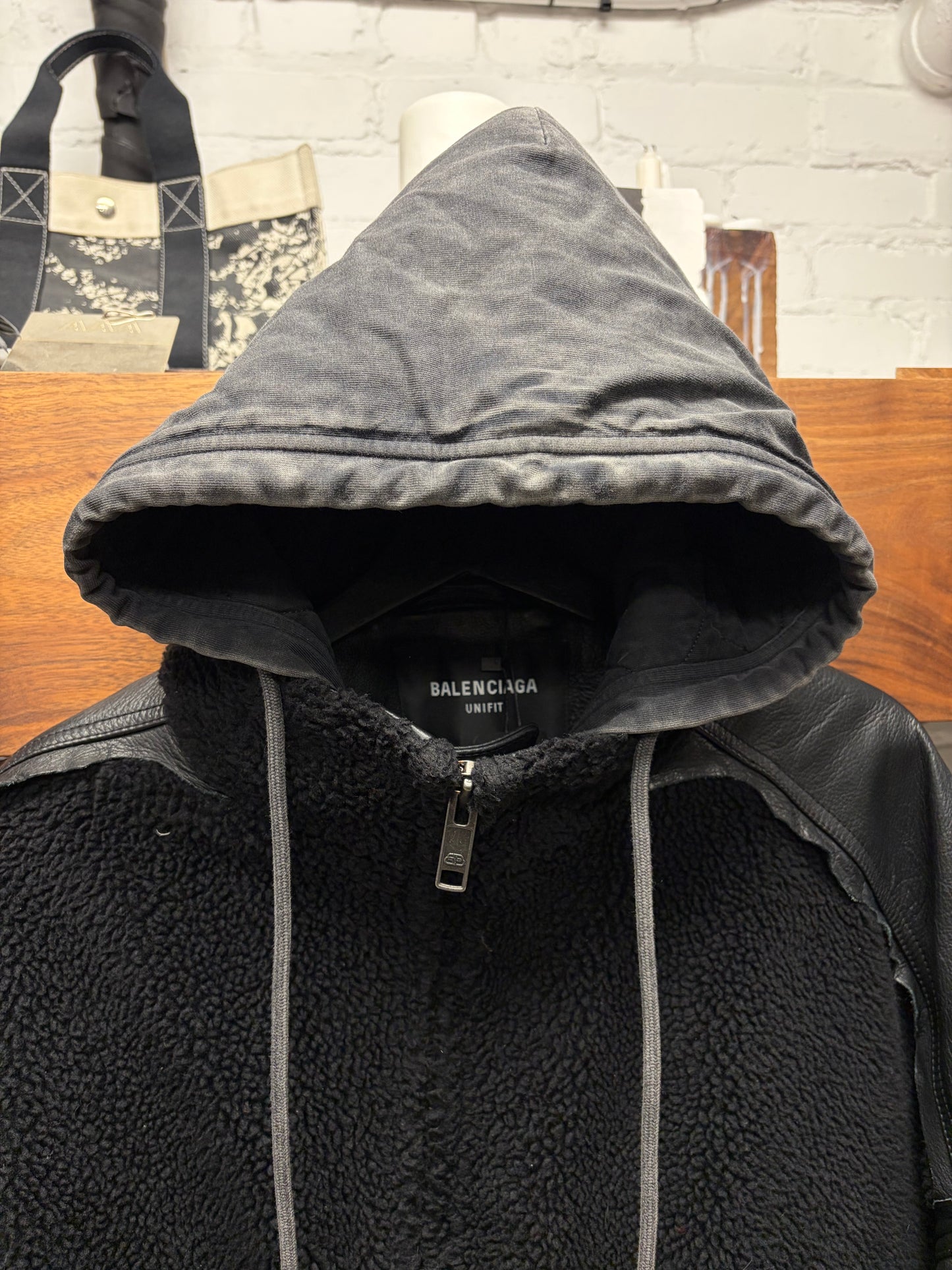 2021 Balenciaga ‘Collegiate’ Shearling/Raw Hem Lambskin Leather Hooded Jacket