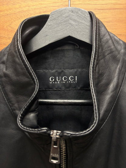 2000s Gucci ‘Crest Badge’ Black Leather Moto-Jacket with Ribbed Cuff Detailing