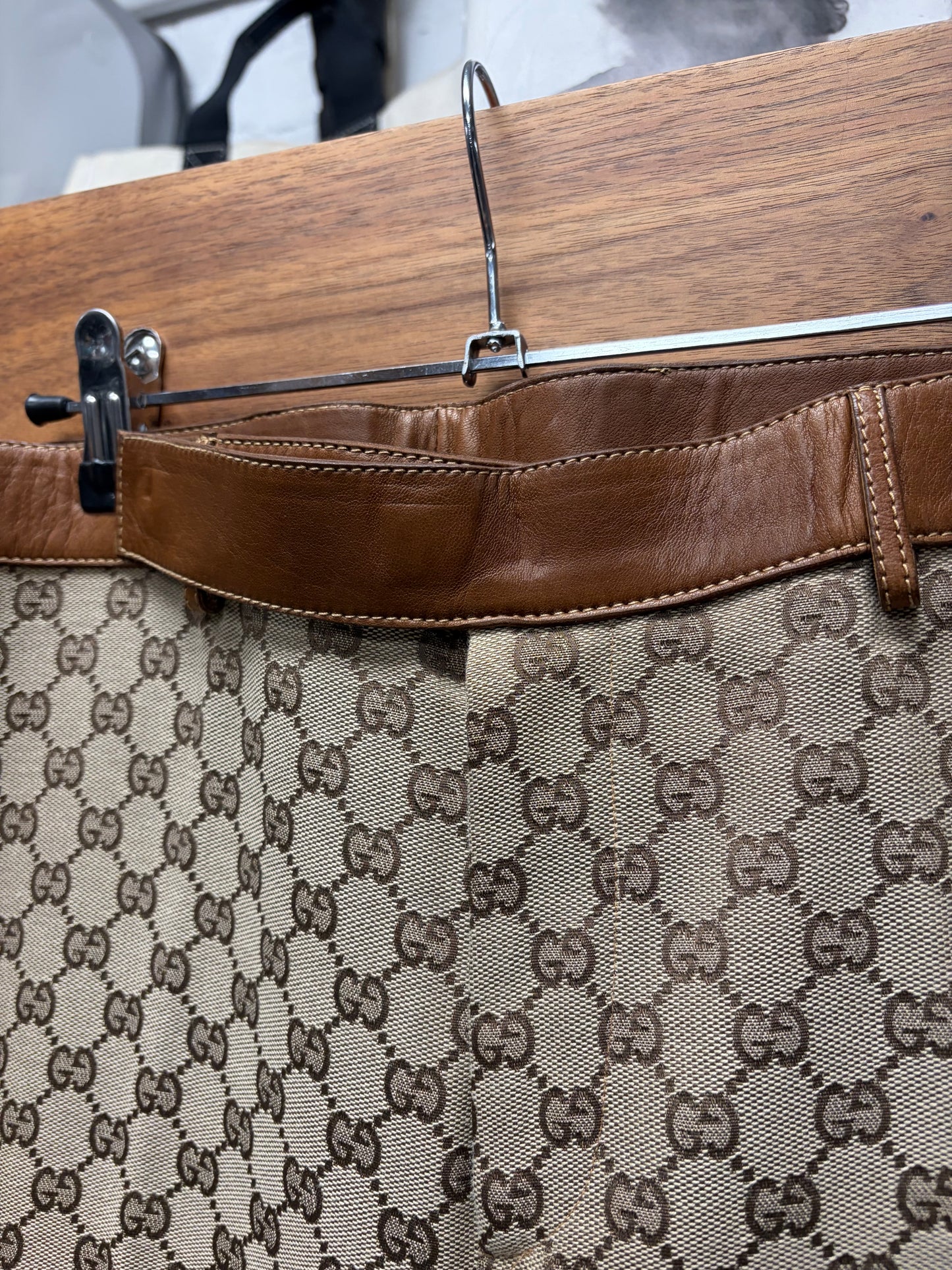 AW2000 Gucci by Tom Ford Monogram Canvas Flared Leg Trousers with Leather Waistband