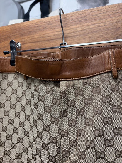 AW2000 Gucci by Tom Ford Monogram Canvas Flared Leg Trousers with Leather Waistband
