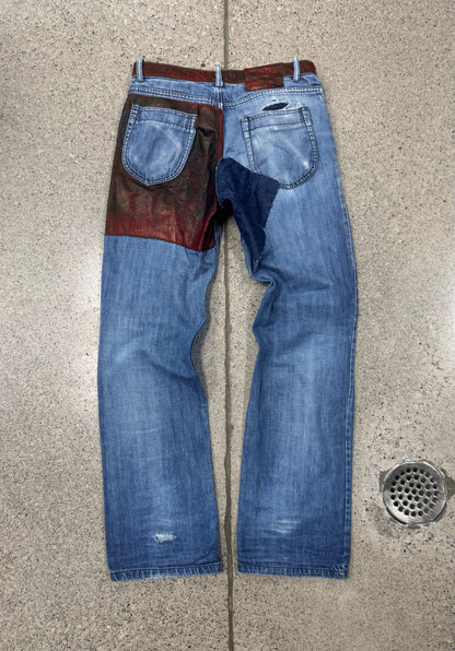 AW2006 Maison Martin Margiela Red Paint Coated Leather Patchwork Denim