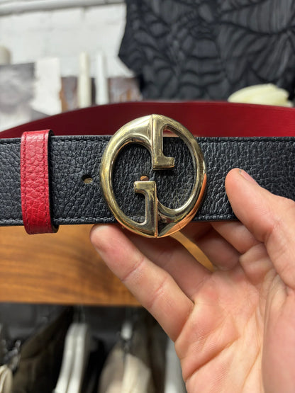 Gucci Pebbled Calfskin ‘1973 Logo’ Reversible Red/Black Leather Belt