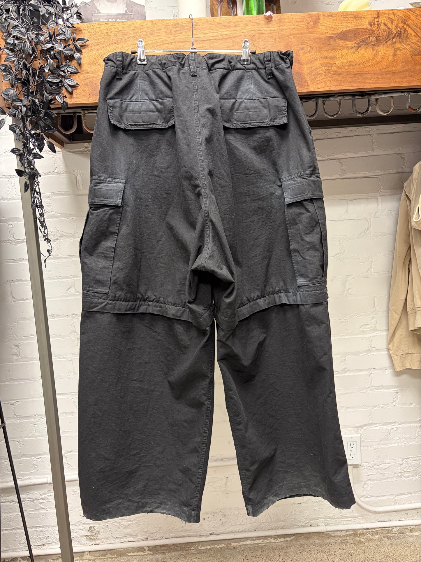 2024 Balenciaga ‘Convertible’ Faded Black Ripstop Drawstring Wide Leg Cargo Pants