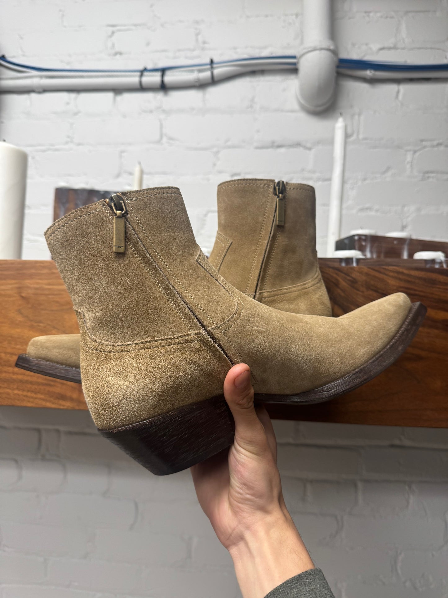 Saint Laurent Brow n Suede ‘Lukas’ Cuban Heel Pointed Toe Boots