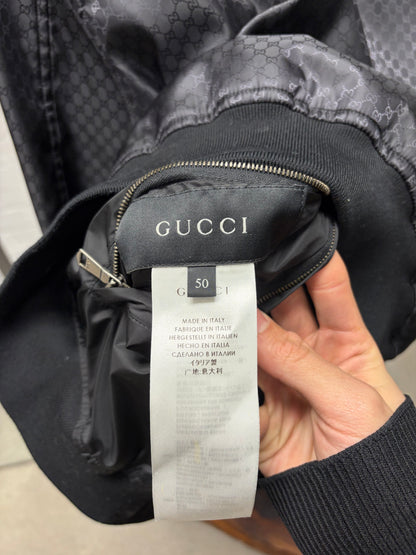 2010s Gucci GG ‘Interlock Monogram’ Silk Lined Black Bomber Jacket