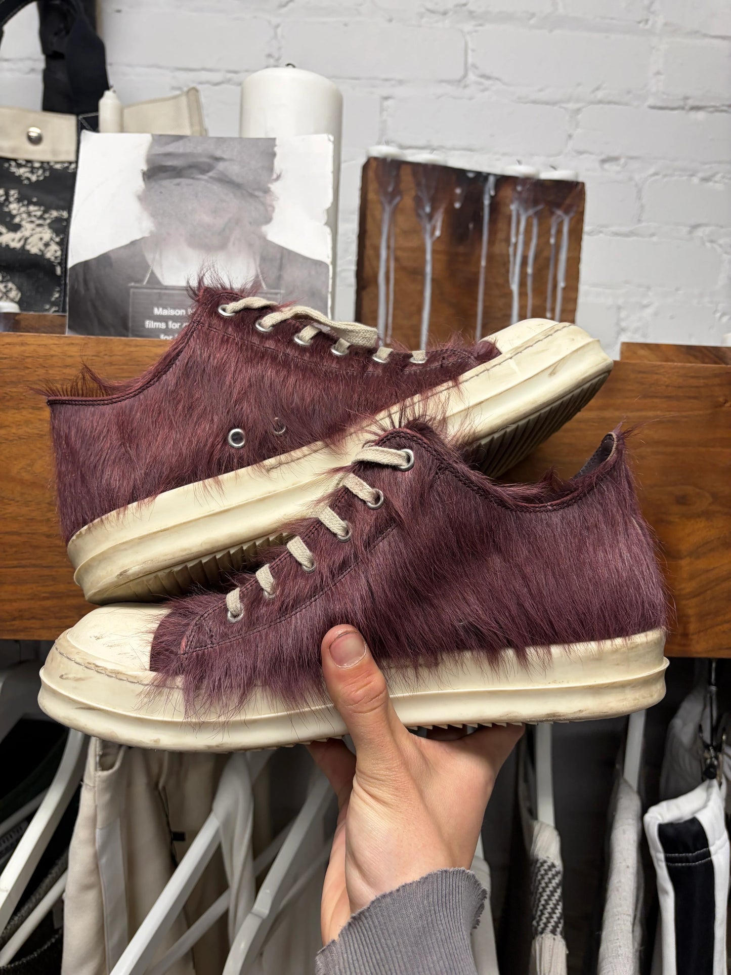 Rick Owens Oxblood Pony Hair ‘Ramones’ Low Top Sneakers