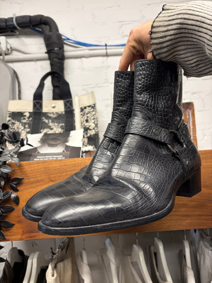 Saint Laurent Black ‘Crocodile’ Black Embossed Leather ‘Wyatt’ Harness Boots