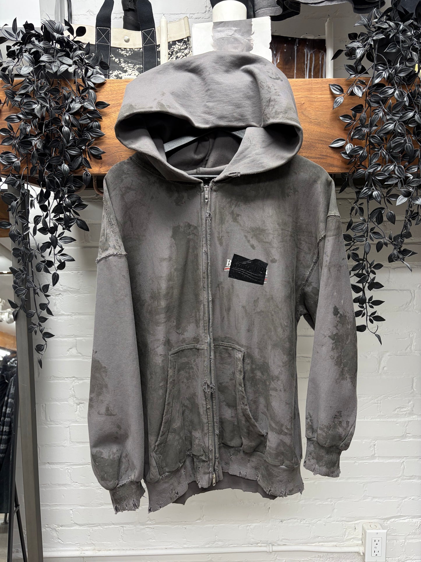 AW2023 Balenciaga Mudshow ‘Gaffer Tape’ Grey Distressed Zip-Up Hoodie