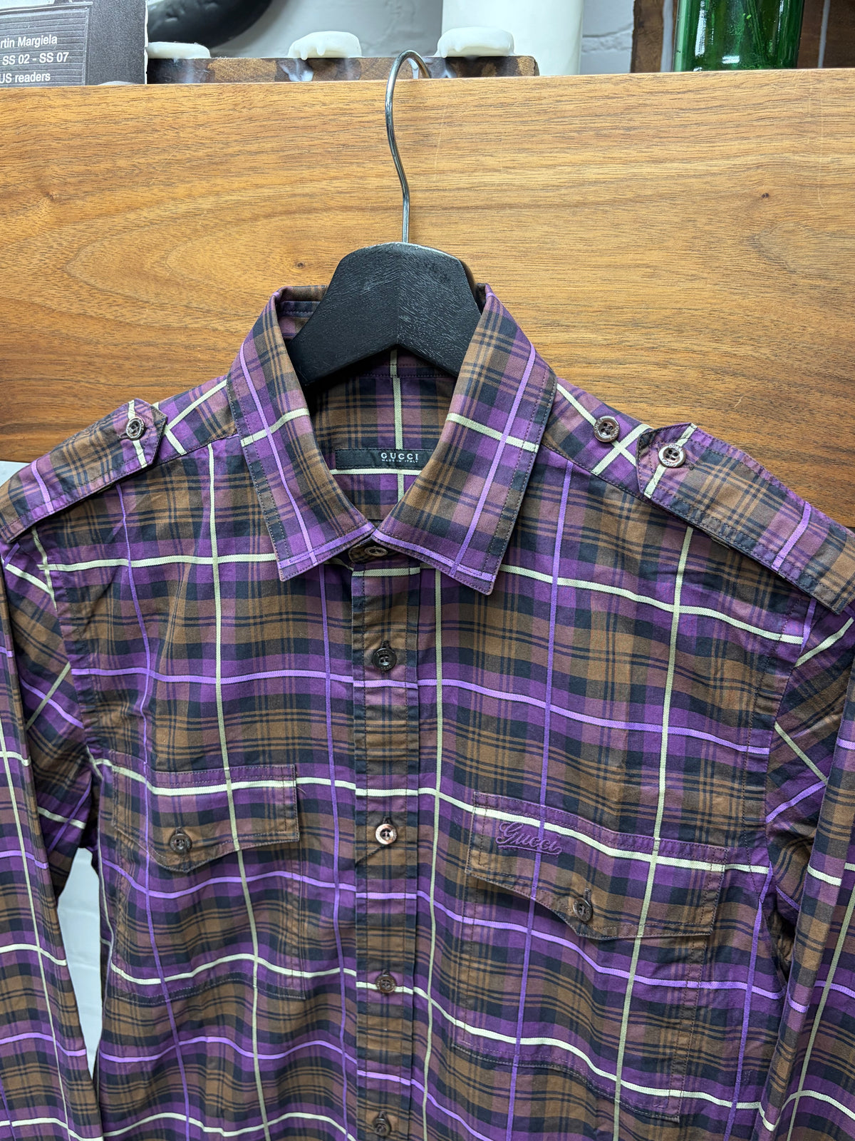 2000s Gucci by Frida Giannini Orange/Purple Plaid Button Up Shirt with Shoulder Epaulets