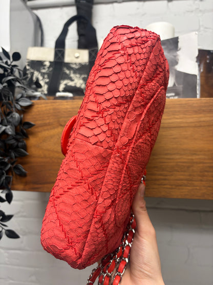 Chanel Red Python Leather Classic ‘Flap Bag’ with Silver Hardware