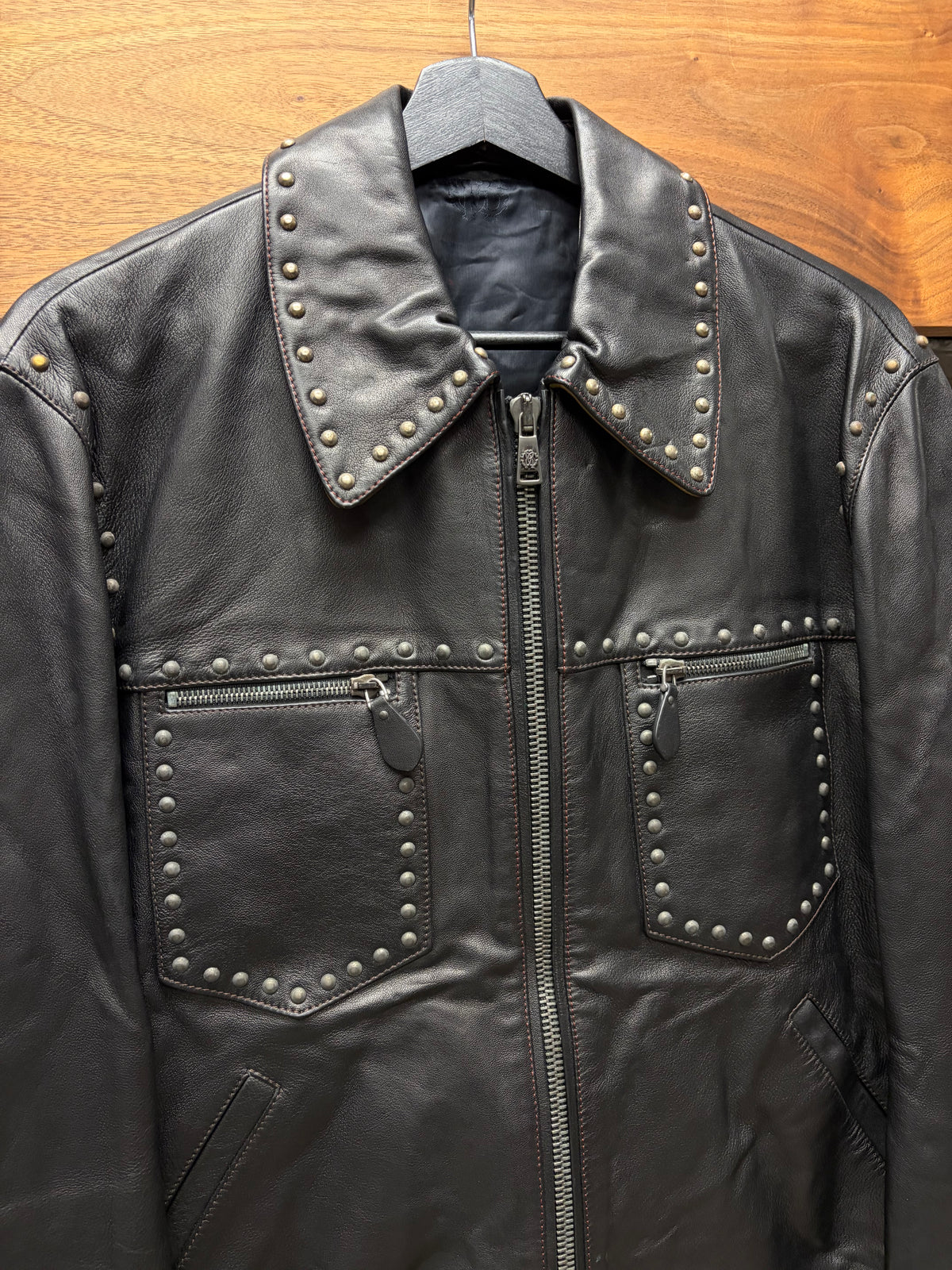 2000s Roberto Cavalli Studded Lambskin Leather Collared Aviation Bomber Jacket