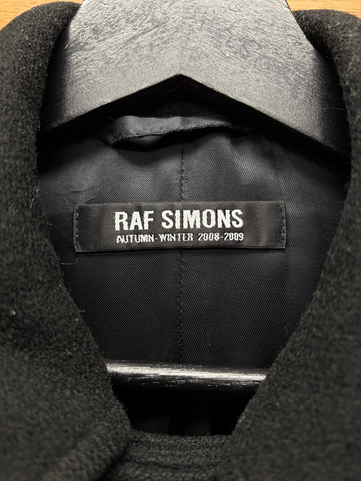 AW2008 Raf Simons Black Asymmetric Collar Wool Full Length Coat