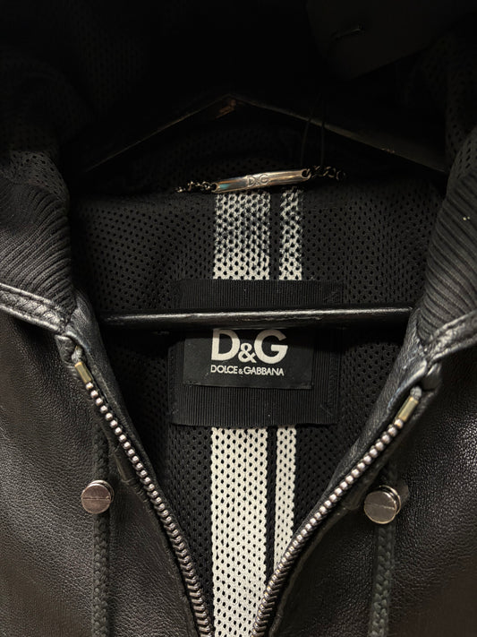 2000s Vintage Dolce & Gabbana Black Lambskin Leather Zip-Up Hoodie