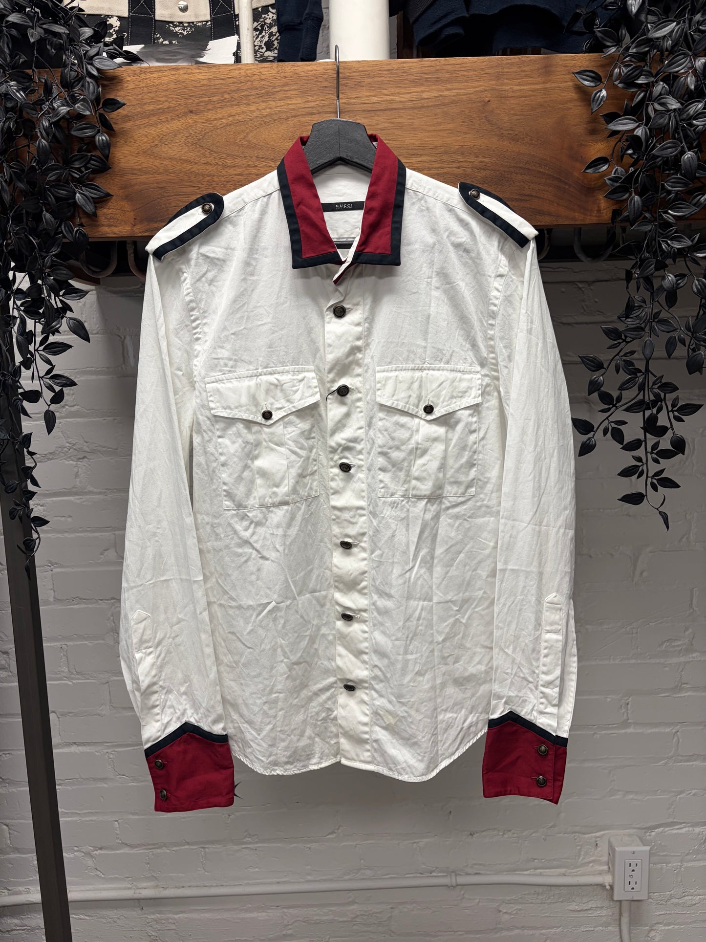 AW2008 Gucci by Frida Giannini Military Inspired Red/Navy Epaulette Detailed Button Up Shirt