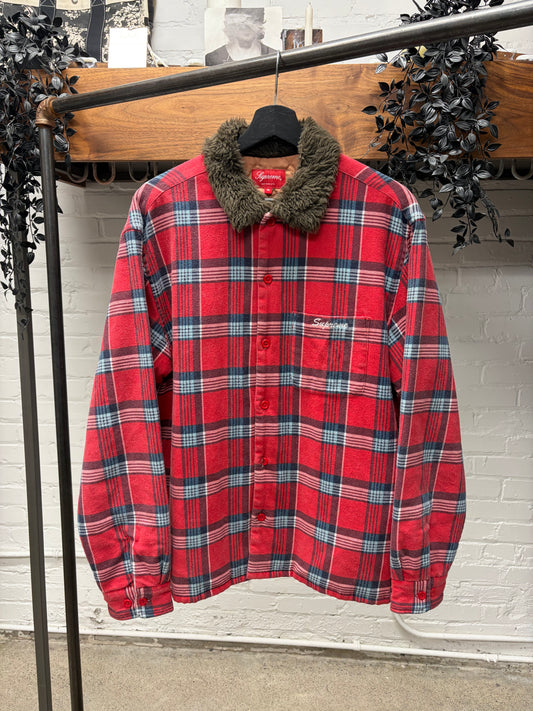 2021 Supreme Quilted Plaid Red Faux Fur Collar Work-Shirt