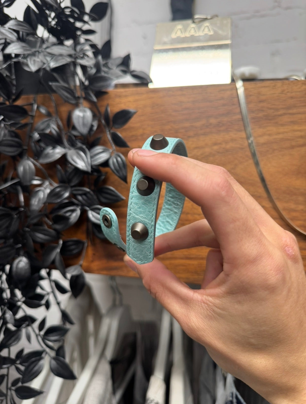 Balenciaga Studded ‘Teal’ Leather Snap Bracelet