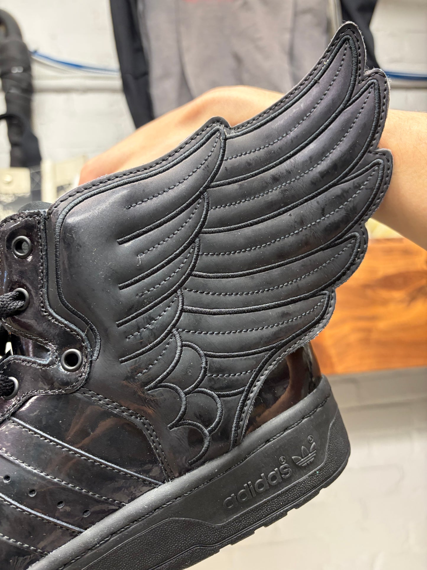 Jeremy Scott x Adidas ‘Wings 2.0’ Black Patent Leather High Top Sneakers