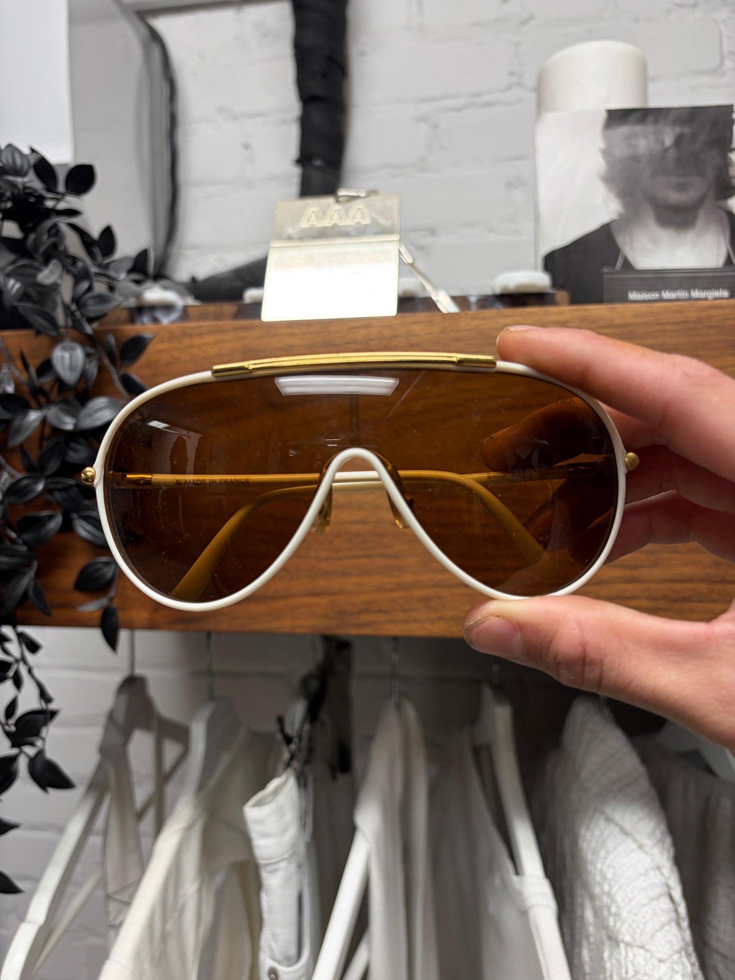 2000s Yves Saint Laurent White/Gold ‘Shield’ Sunglasses