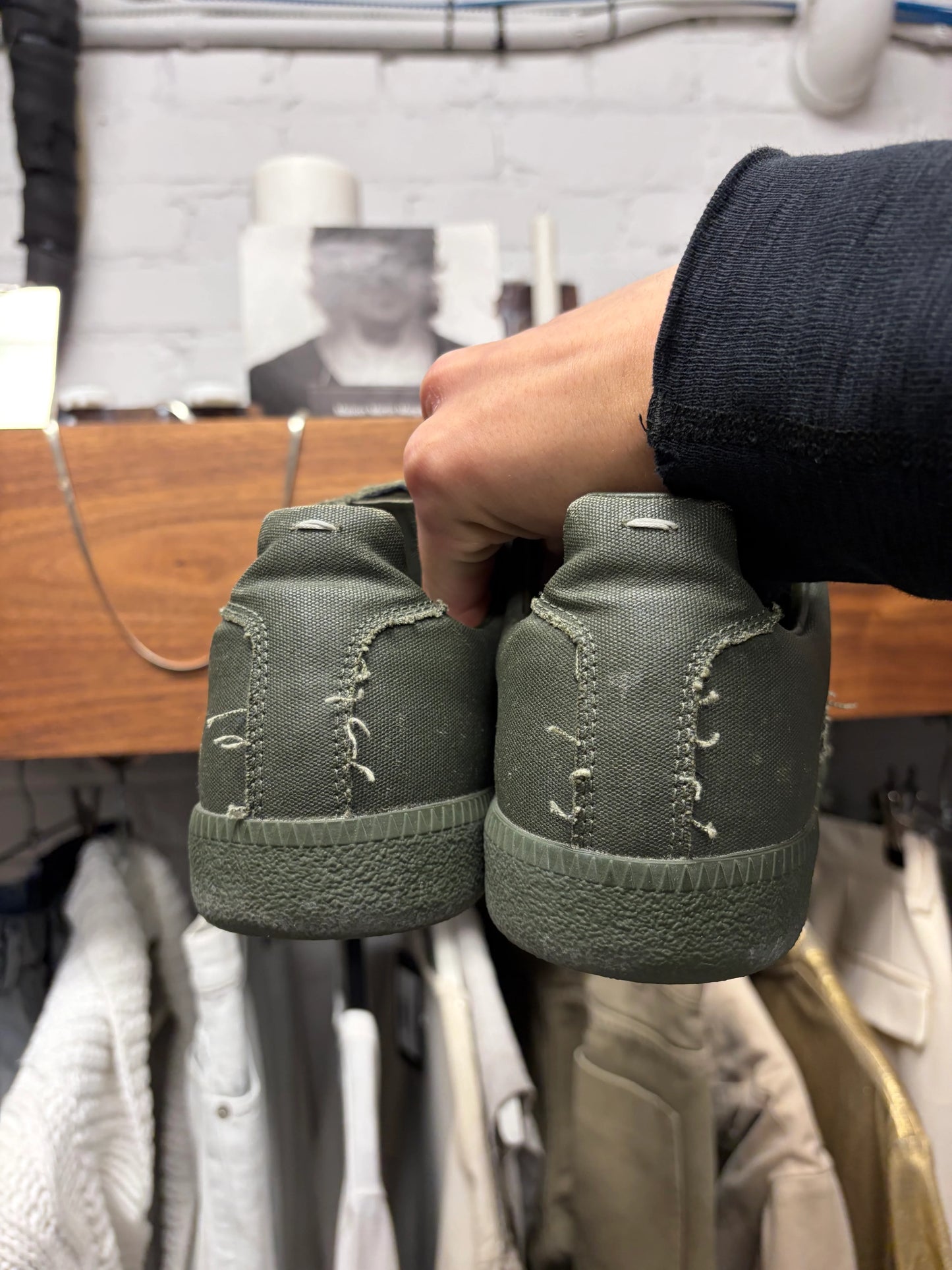 Maison Margiela ‘G.A.T.’ Military Green Distressed Canvas Low Top Sneakers