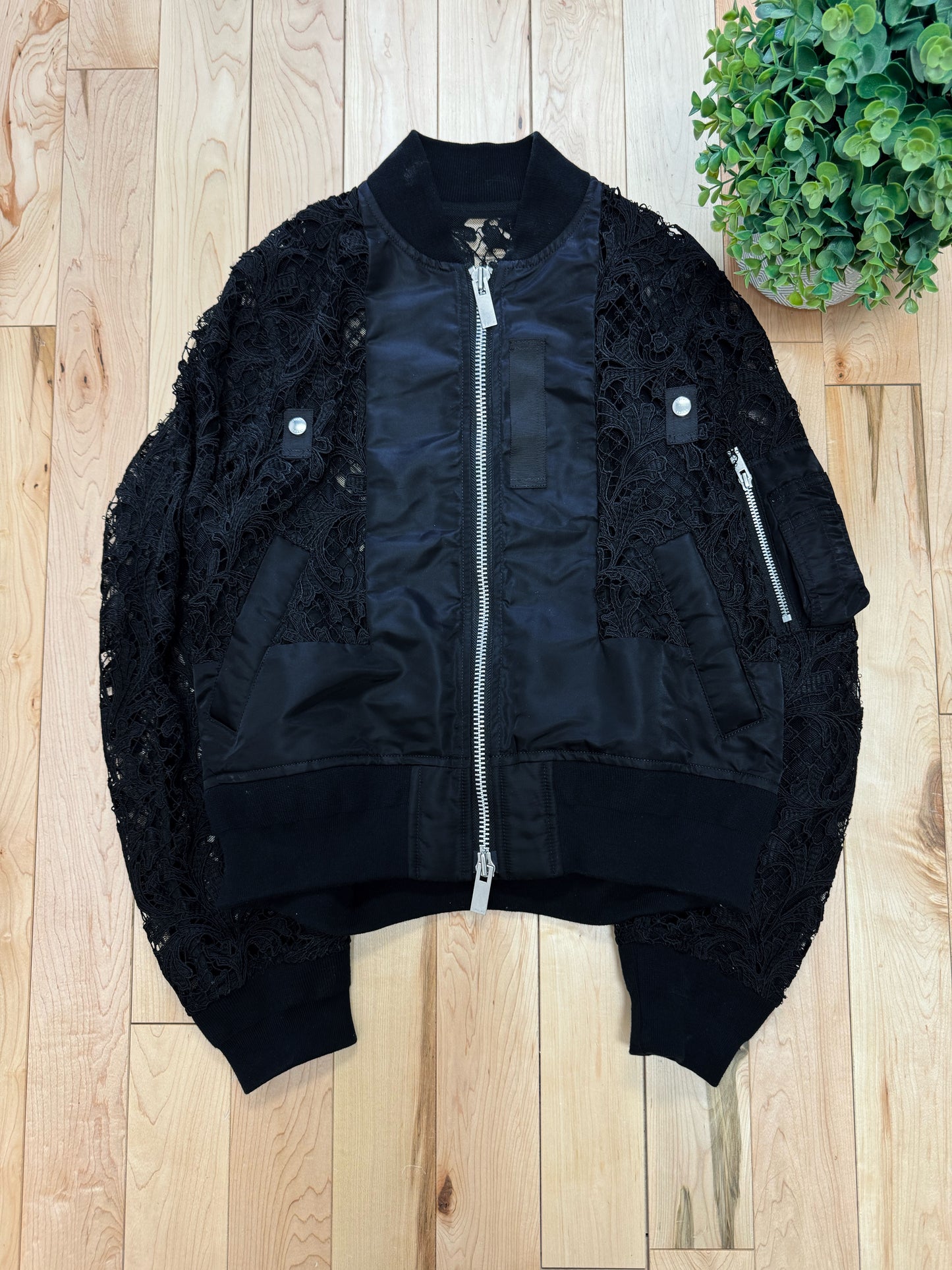 Sacai Shell Trimmed ‘Corded Lace’ Black Bomber Jacket