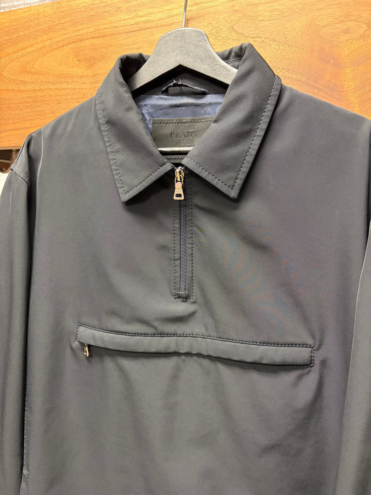 Prada Black Re-Nylon Quarter Zip Collared Jacket with Front Pouch Pocket
