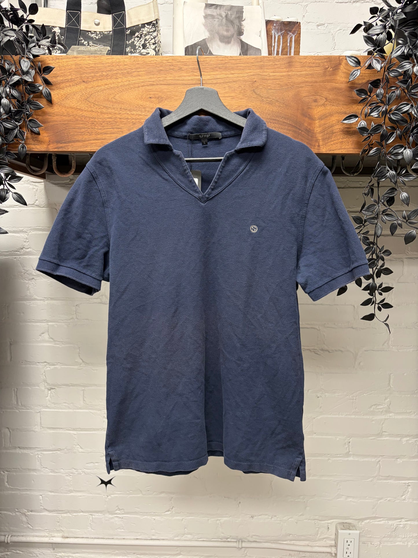 2000s Gucci Low V-Cut Blue Polo Shirt with Embroidered GG Logo