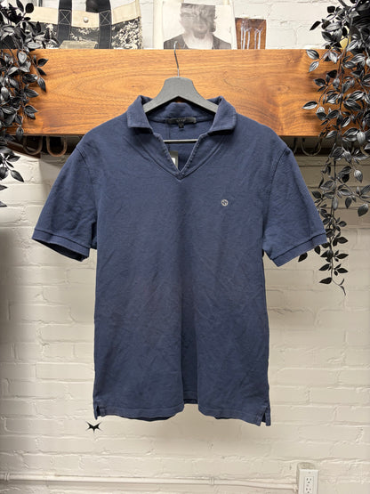 2000s Gucci Low V-Cut Blue Polo Shirt with Embroidered GG Logo