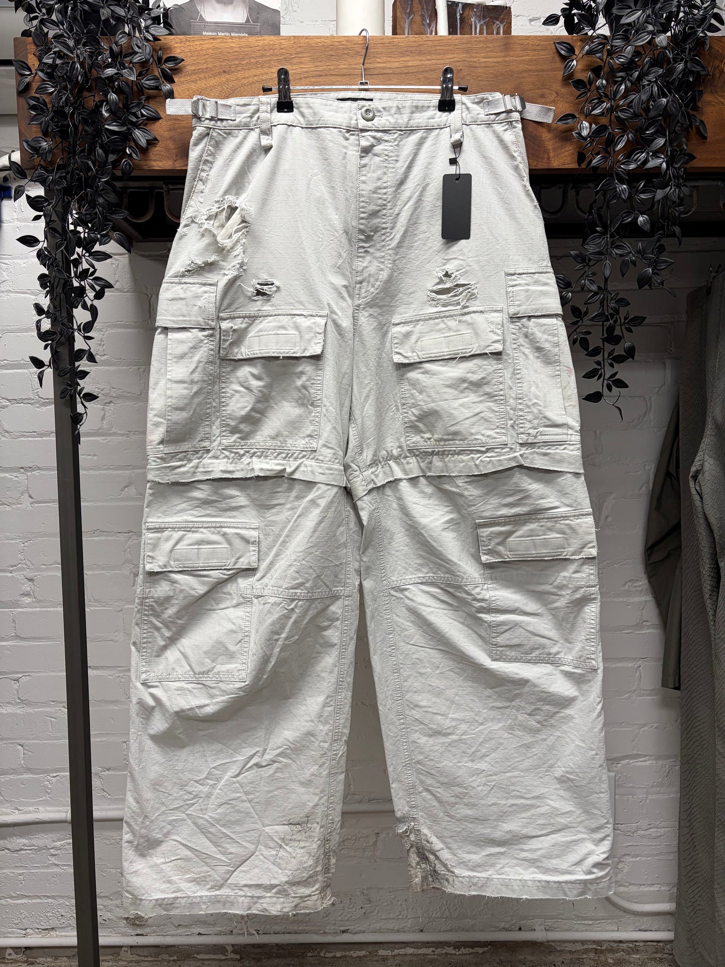2023 Balenciaga Distressed White Ripstop Wide Leg Cargo Pants