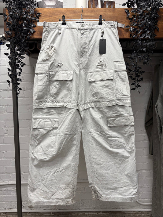 2023 Balenciaga Distressed White Ripstop Wide Leg Cargo Pants