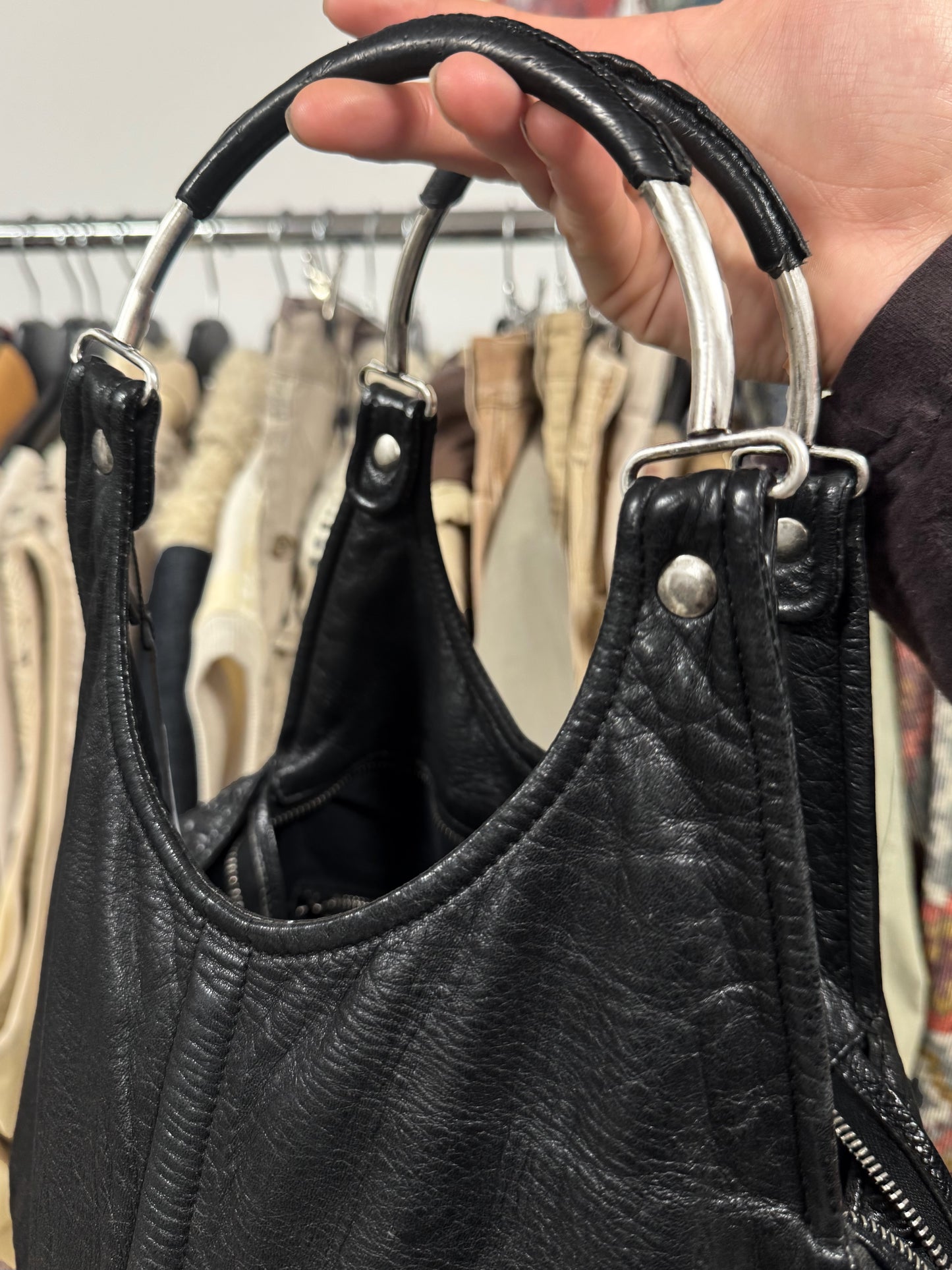 Balenciaga ‘Chevre’ Ring Handle Black Lambskin Leather Hobo Bag