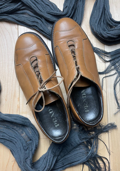 Prada Low Top Caramel Brown Leather Bowling Sneakers