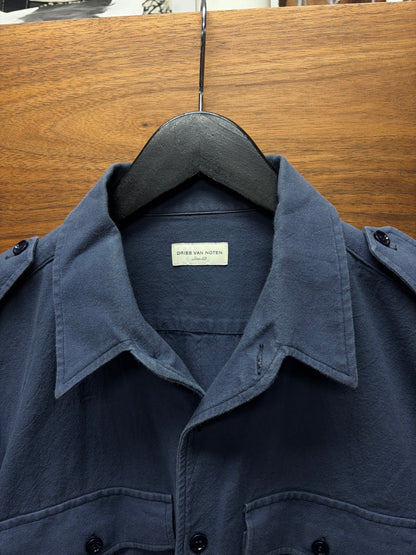 Dries Van Noten Uniform Blue Military Epaulette Button Up Shirt