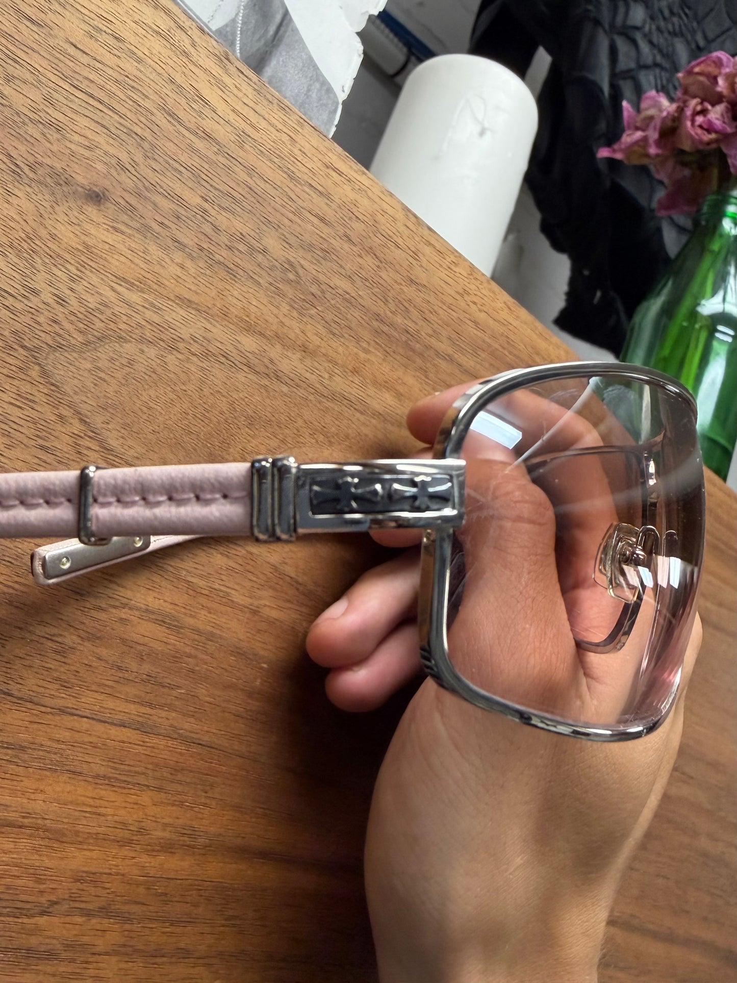Chrome Hearts ‘Starfire’ Pink Leather ‘Triple Cross’ .925 Silver Pink Tinted Sunglasses