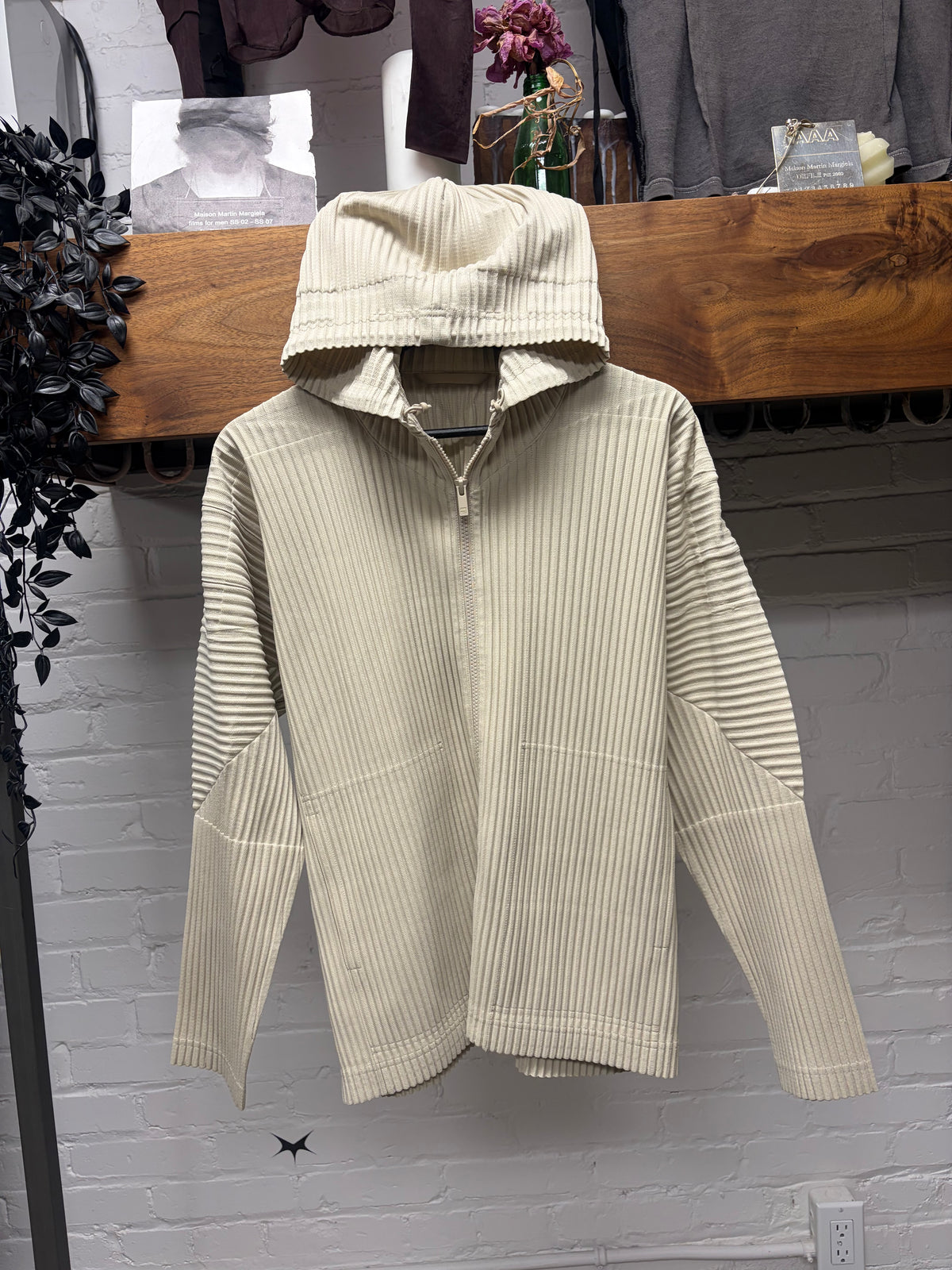 Issey Miyake ‘Homme Plisse’ Pleated Cream Zip-Up Hoodie
