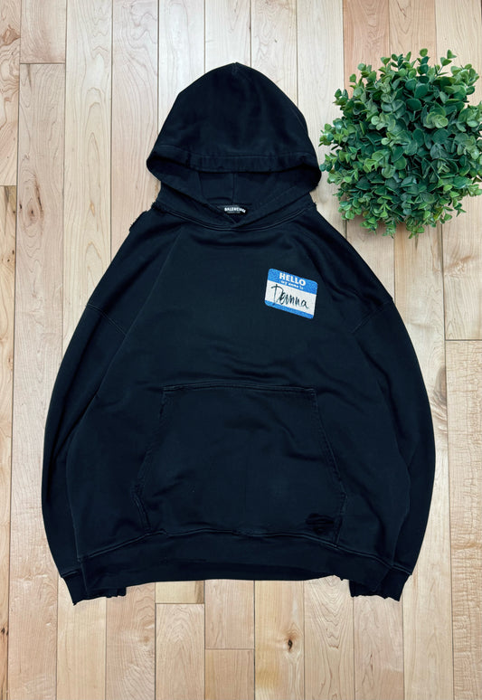 SS2020 Balenciaga ‘Nametag’ Distressed Black Hoodie